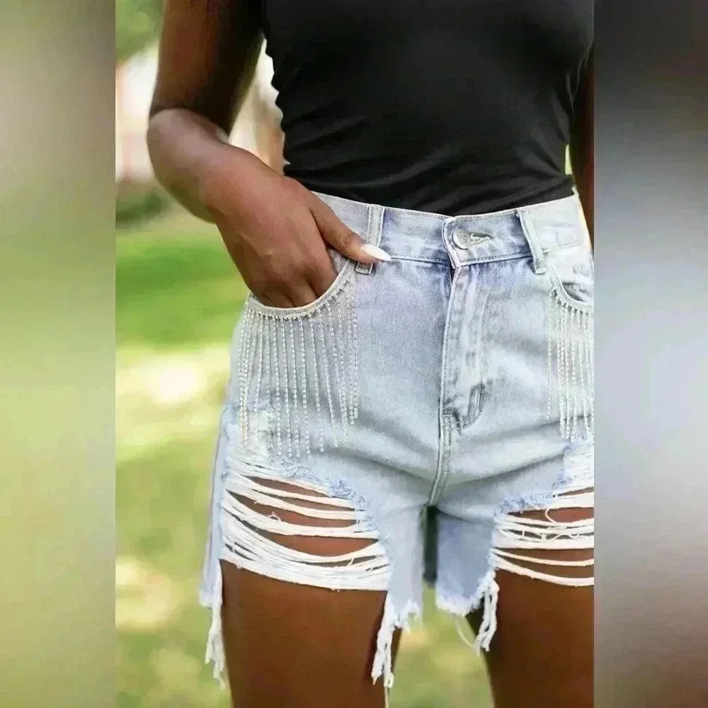 NWT Buddy Love ELVIS CRYSTAL FRINGE DENIM SHORTS - LIGHT WASH Size Small